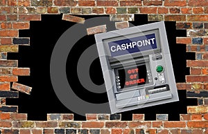 Cashpoint crash hole in the wall vandalism cash money machine atm thief theft town city