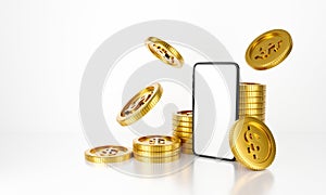 Casino 3D rendering illustration of blank phone mobile money coins falling isolated on white background abstract for jackpot