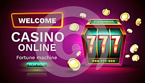 Casino 777 banner slots machine winner, jackpot fortune of luck. Vector