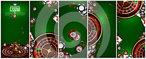 Casino advertising with roulette and elements of casino games on a green background. 3D vector. High detailed realistic