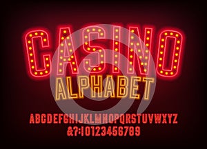 Casino alphabet font. Glowing neon letters, numbers and symbols.