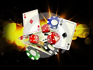 Casino background with cards, chips and craps on bright light. 3d illustration.