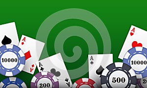 Casino background. Chips and cards on a green background. Vector illustration