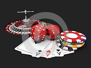 Casino background with dice, cards, roulette and chips. isolated Black, 3d Illustration