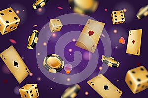 Casino background. Golden poker chips. Black playing cards. Throw gambling dices. Falling money in gamble game. Gold bet