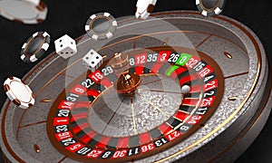 Casino background. Luxury Casino roulette wheel on black background. Casino theme. Close-up old casino roulette with a