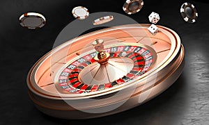Casino background. Luxury Casino roulette wheel on black background. Casino theme. Close-up white casino roulette with a