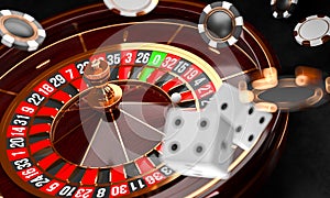 Casino background. Luxury Casino roulette wheel on black background. Casino theme. Close-up white casino roulette with a