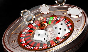 Casino background. Luxury Casino roulette wheel on black background. Online casino theme. Close-up white casino roulette with a