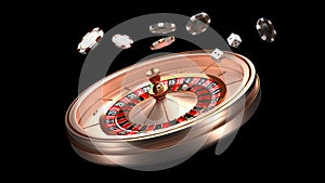Casino background. Luxury Casino roulette wheel isolated on black background. Casino theme. Close-up white casino
