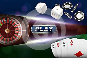 Casino background roulette wheel with playing cards, dice and chips. Online casino poker table concept design. Top view