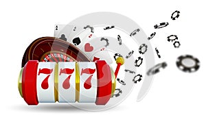 Casino background roulette wheel with playing cards, dice and chips. Online casino poker table concept design. Top view