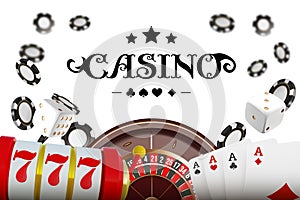 Casino background roulette wheel with playing cards, dice and chips. Online casino poker table concept design. Top view