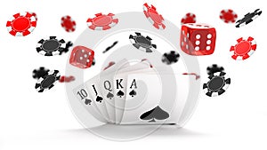 Casino background with Royal Flush hand combination, dice and flying black and red chips