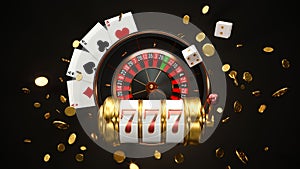 Casino background. Slot machine with roulette wheel. Online casino concept. Falling poker chips. 3d rendering