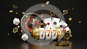 Casino background. Slot machine with roulette wheel. Online casino concept. Falling poker chips. 3d rendering
