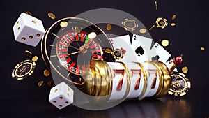 Casino background. Slot machine with roulette wheel. Online casino concept with poker chips and playing cards in the air