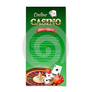 Casino background. Vertical banner, flyer, brochure on a casino theme with roulette wheel, game cards and dice