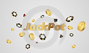Casino banner jackpot design decorated with golden glittering playing