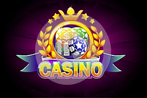 Casino banner with ribbon, icon and text. Vector illustration for casino, slots, roulette and game UI