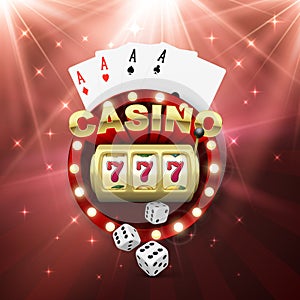 Casino banner with slot machine four aces and dice. Win jeckpot. Play game and win. Vector