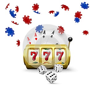 Casino big win poster. 3d gold slot machine black playing cards four aces and falling and poker chips. Design element for gambling