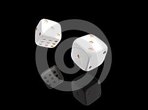 Casino black background with dice 3d. Online casino banner. White and gold dice with reflection isolatel on black. 3d