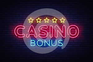 Casino Bonus Neon Text Vector. Bonus neon sign, design template, modern trend design, casino neon signboard, night