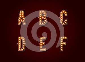 Casino or Broadway Signs style light bulb Alphabet Letter Character in Vector Set