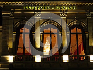 Casino building architectural detail in German spa town, night scene