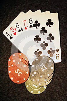 Casino cards and chips. Card deck and poker chips.