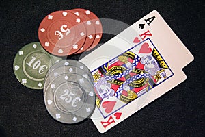 Casino cards and chips. Card deck and poker chips.
