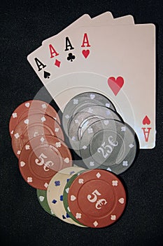 Casino cards and chips. Card deck and poker chips.