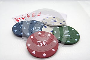 Casino cards and chips. Casino game. Card deck and poker chips.