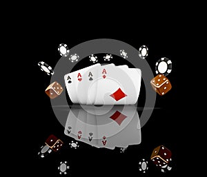 Casino cards dice and chips fly isolated on black background. Online casino concept with place for text. Falling poker