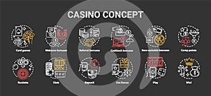 Casino chalk concept icons set. Online games of chance and bonuses idea. Slot machines, card games, roulette. Gambling