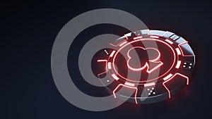 Casino Chip clubs Concept with glowing neon red lights and Dice dots isolated on the black background - 3D Illustration