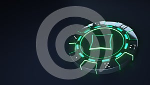 Casino Chip diamonds Concept with glowing neon green lights and Dice dots isolated on the black background - 3D Illustration