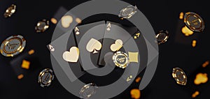 Casino chips and cards on black background. Casino game golden 3D chips. Online casino background banner or casino logo. Black and