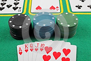 Casino chips and cards with a winning combination of royal flush