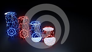 Casino Chips Concept with glowing neon lights on the black background - 3D Illustration