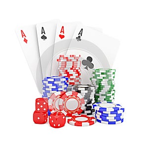 Casino chips, dice and cards for poker.