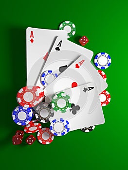 Casino chips, dice and cards for poker.