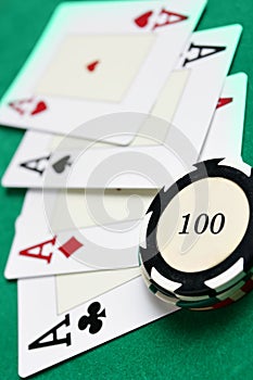 Casino chips and four aces