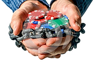 Casino chips in hand  on white or transparent background. Close-up, a bunch of casino chips wrapped in a chain