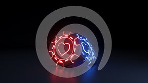 Casino Chips hearts and clubs Concept with glowing neon lights on the black background - 3D Illustration