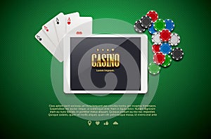 Casino chips and mobile on green background