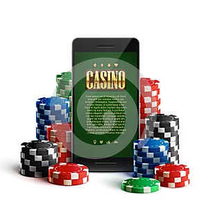 Casino chips and mobile on white