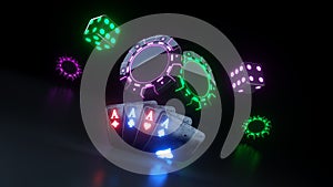 Casino Chips and Poker Cards Four Aces Online Gambling Concept - 3D Illustration