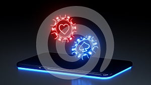 Casino Chips and Smart Phone Gambling Concept With Neon Lights Isolated On The Black Background - 3D Illustration